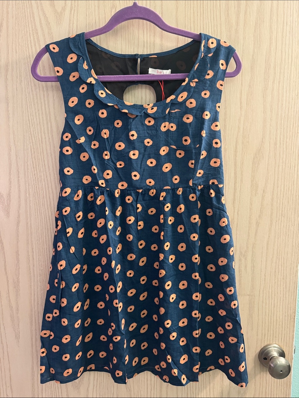 Navy Dress with Peach Dot Print - Casual Sleeveless